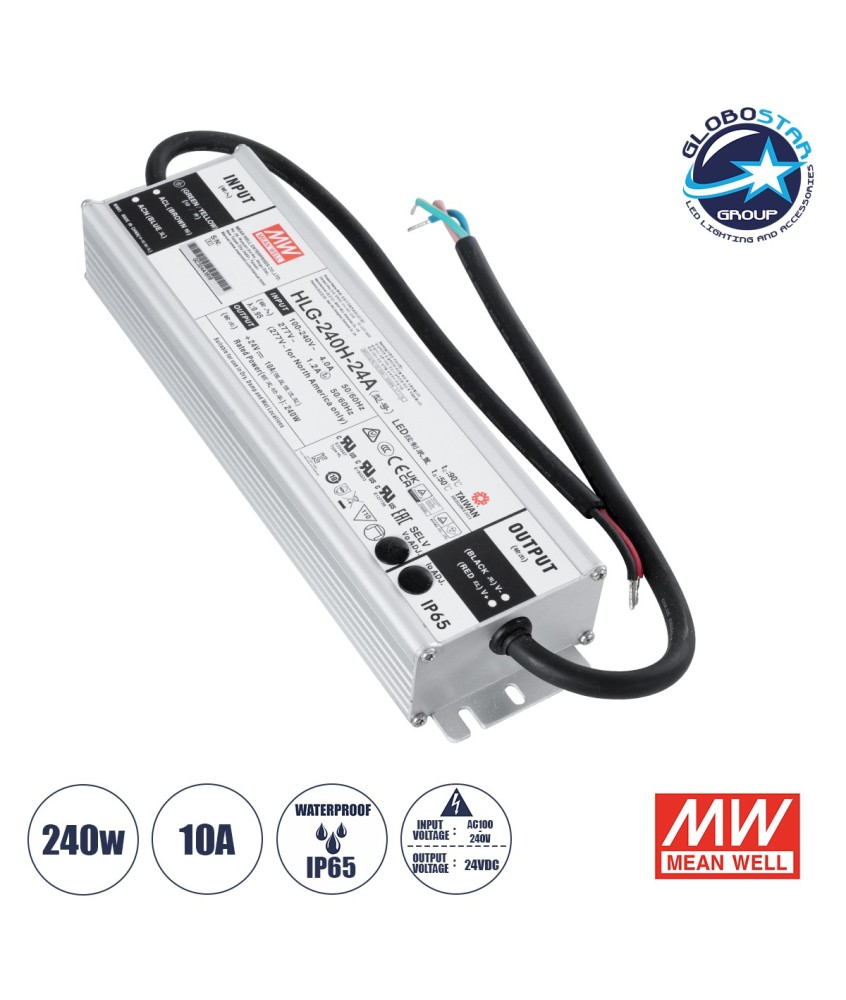GLOBOSTAR® MEANWELL-HLG240H-24A 90793 Τροφοδοτικό-Μετασχηματιστής SELV 240W 10A DC 24V Αδιάβροχο IP65 - AC 220-240V σε DC 24V - Ρυθμιζόμενο από 22.4VDC έως 25.6VDC - Μ24.4 x Π6.8 x Υ3.88cm - 3 Χρόνια Εγγύηση